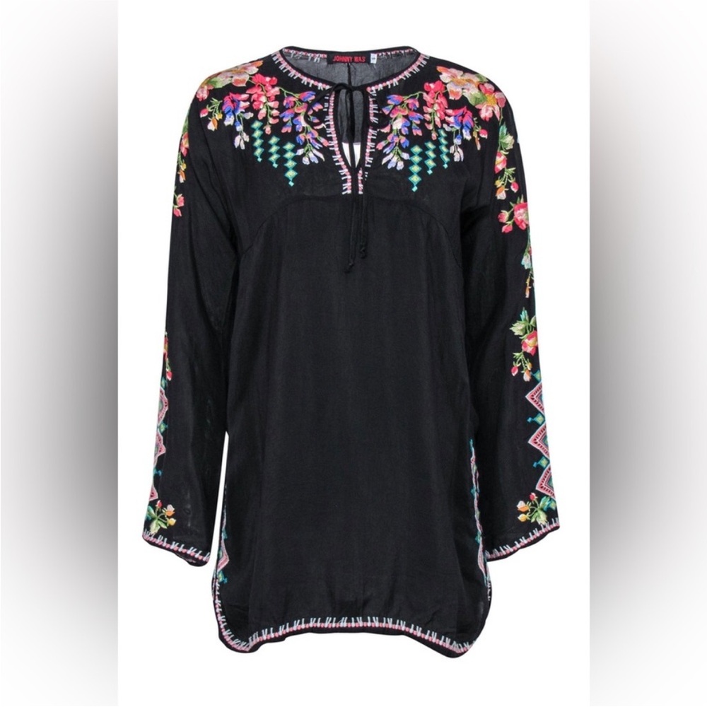Johnny Was Black Long Sleeve Floral Embroidered Tunic